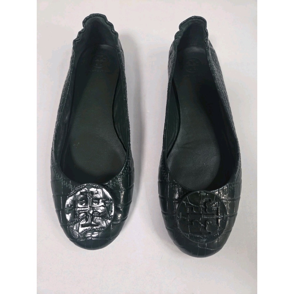 Tory Burch Minnie Travel Ballet Flats Green Croc Embossed Leather Logo Women's 9